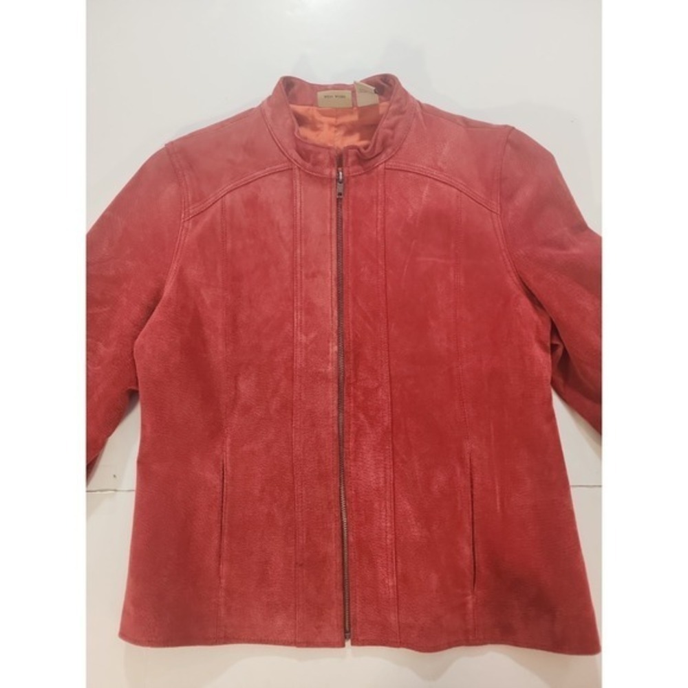 VTG Ruff Hewn Red Suede Leather Jacket Women M Y2K Minimalist Full Zip Moto Fall